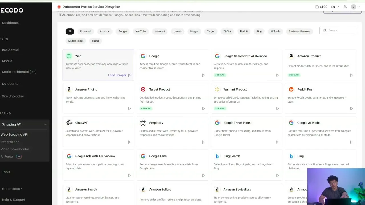 Decodo dashboard from the source video showing specialized Web, Amazon, Google, YouTube, Walmart, Reddit, Bing, and AI target templates.