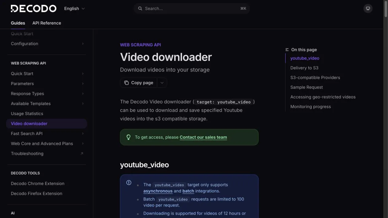 Official Decodo Video downloader documentation explaining the YouTube video target and S3-compatible delivery.