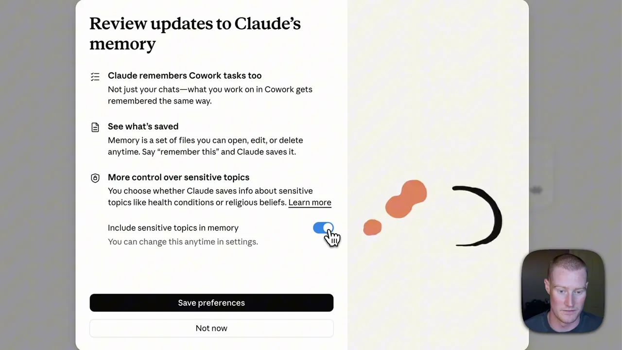 Video walkthrough frame showing Claude's memory update notice with Cowork sharing, editable saved files, and a sensitive-topic toggle