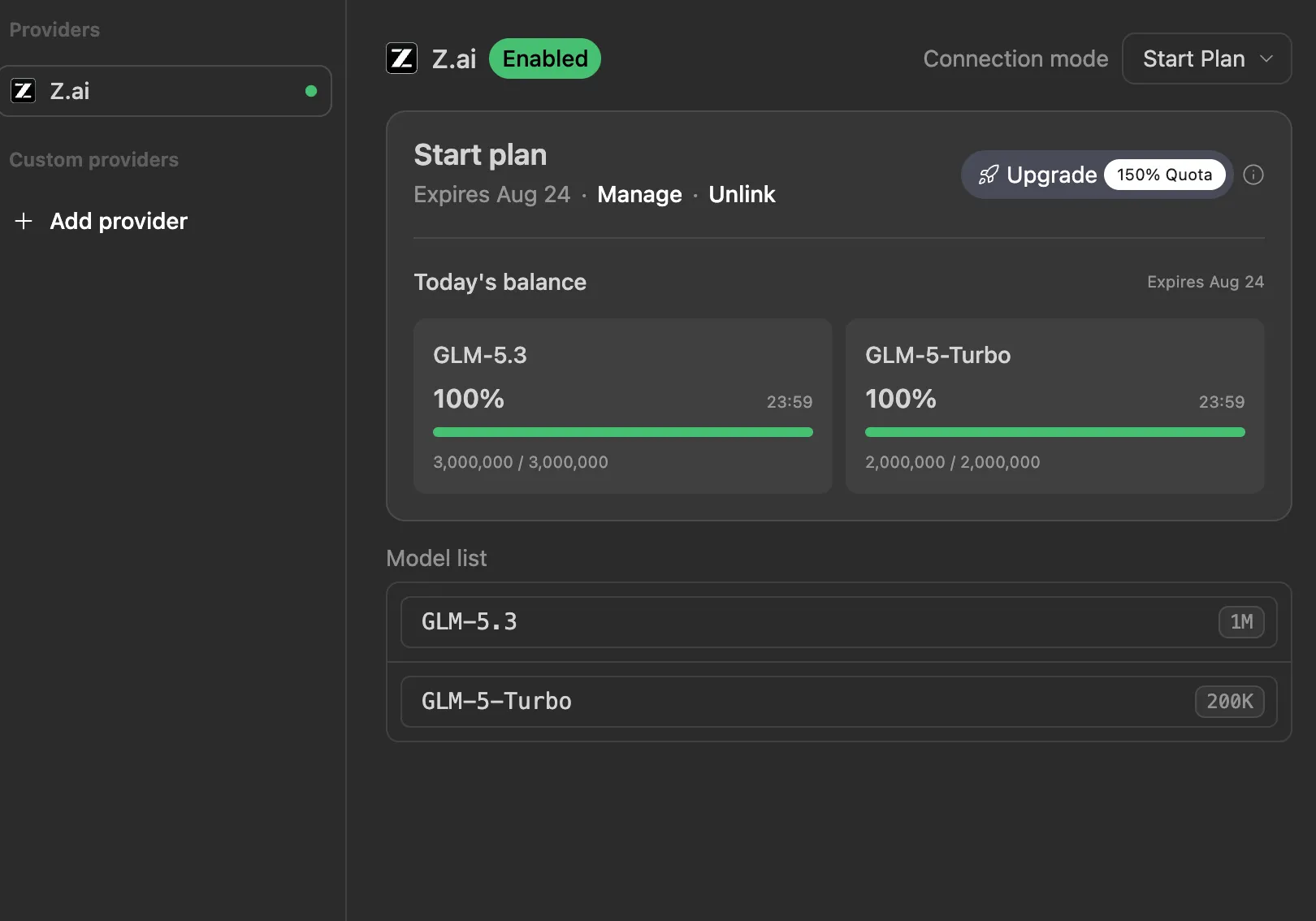 ZCode provider settings showing Z.ai enabled, a Start Plan, and today's GLM-5.3 and GLM-5-Turbo credit balances