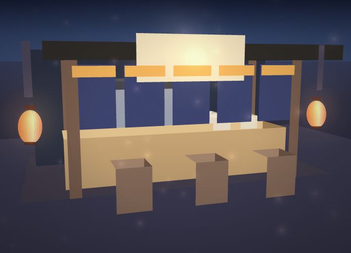 A ramen stall: a counter, a noren curtain and a steaming pot, drawn as a miniature.