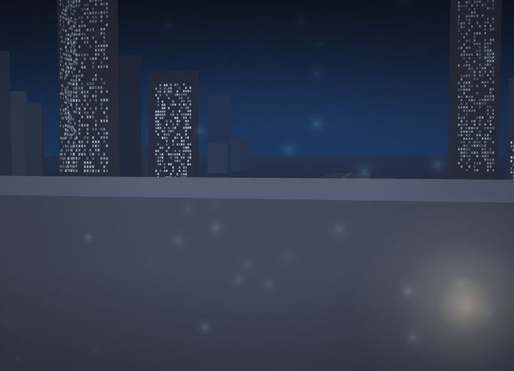 A cluster of lit towers standing in the water across the bay.