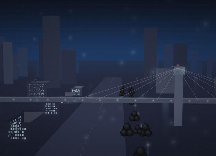 The Rainbow Bridge: a suspension span with cable fans, lit across the bay.