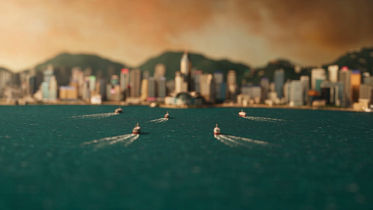 Miniature paper Hong Kong harbor at golden hour