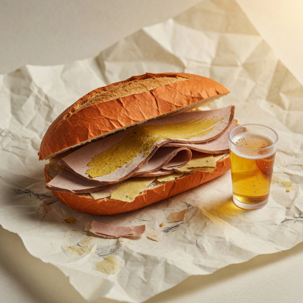 Paper bifana sandwich beside a small glass of beer