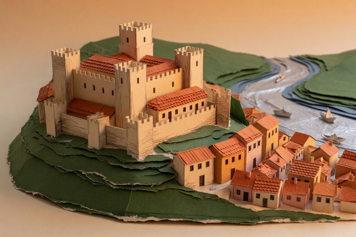 Paper castle of São Jorge above terracotta houses
