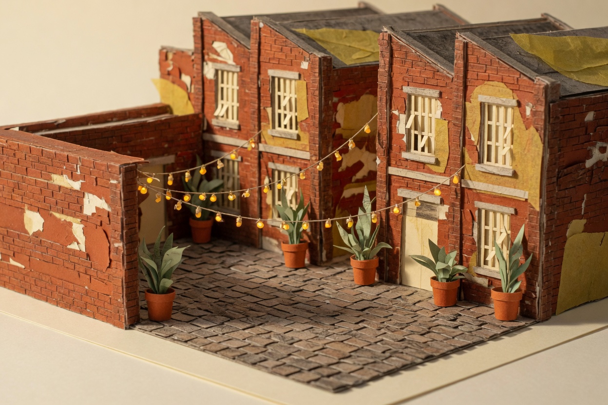 Paper brick warehouses of LX Factory with string lights