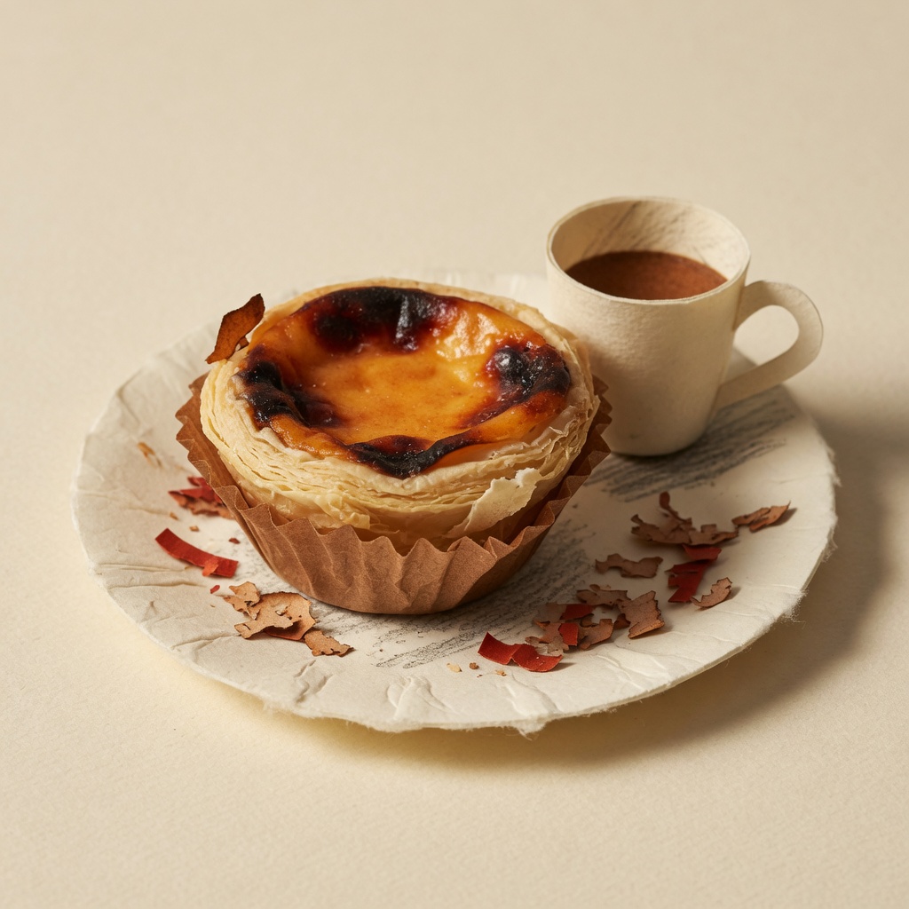 Paper pastry still life of a pastel de nata
