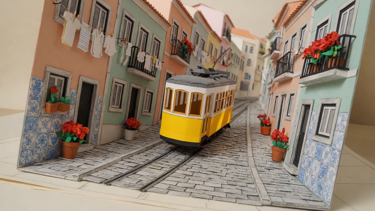 Yellow paper tram climbing a cobbled Lisbon street