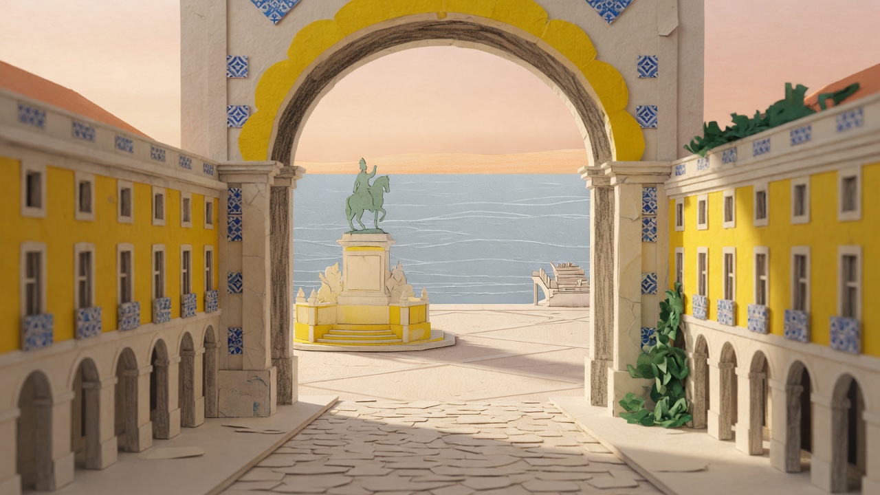 Paper arch opening onto Praça do Comércio and the river