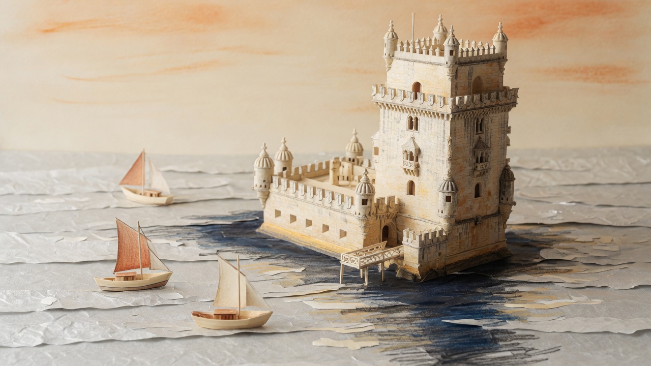Paper model of Belém Tower standing in crumpled paper water