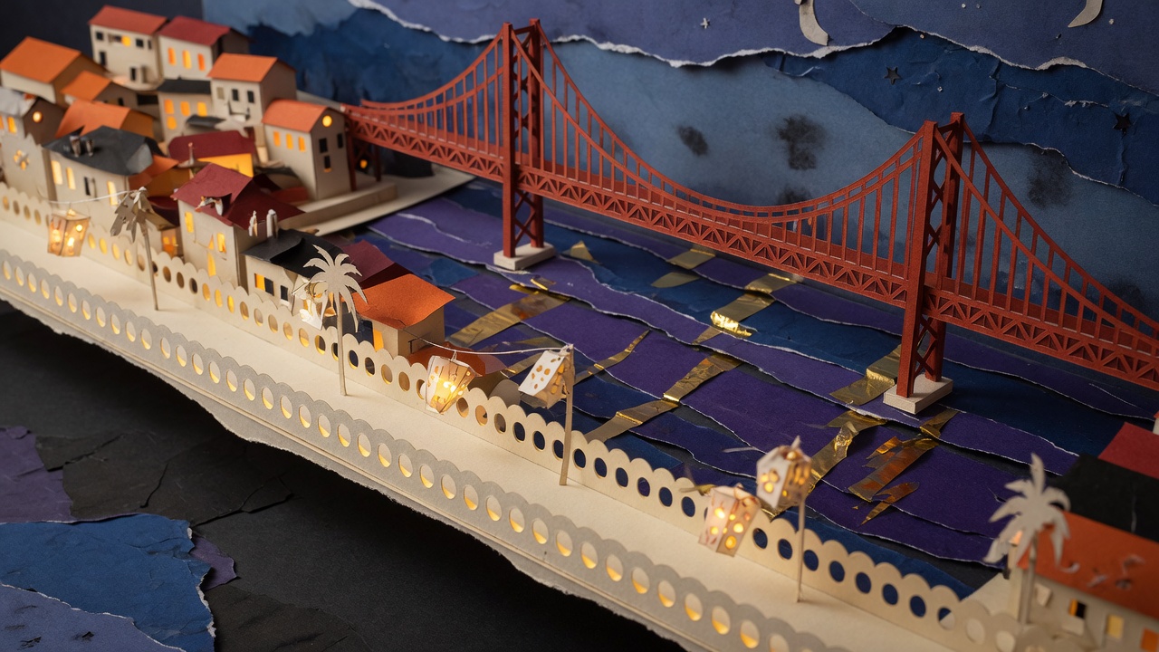 Night paper diorama of the rust-red bridge over the Tagus