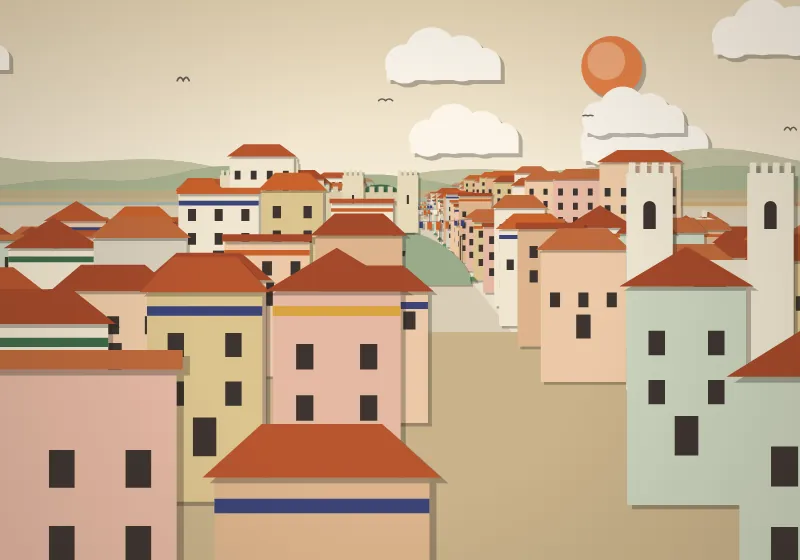 Paper-cut Alfama rooftops climbing toward the walls of São Jorge Castle.