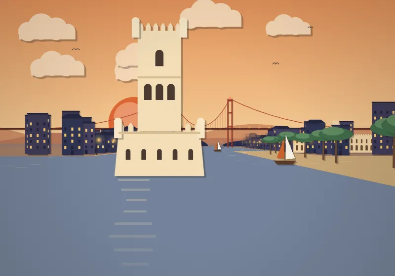 Paper-cut Belém Tower rising from the river in warm evening light.