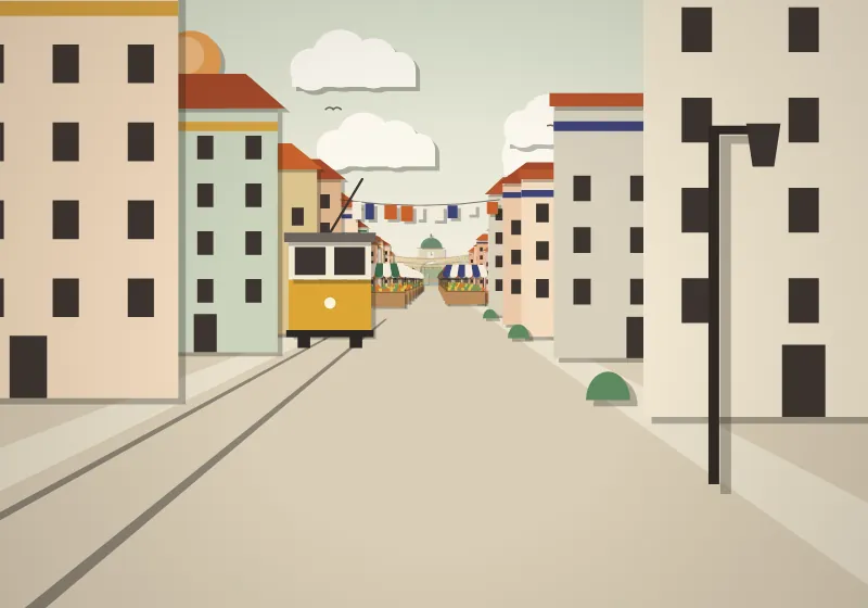 A paper-cut yellow tram on narrow rails between tiled houses.