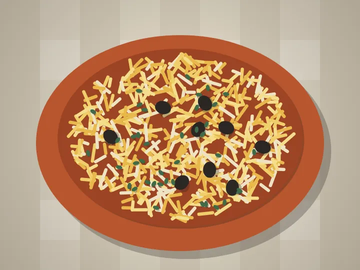 A paper-cut terracotta dish of shredded salt cod with egg, potato straws, black olives and parsley.