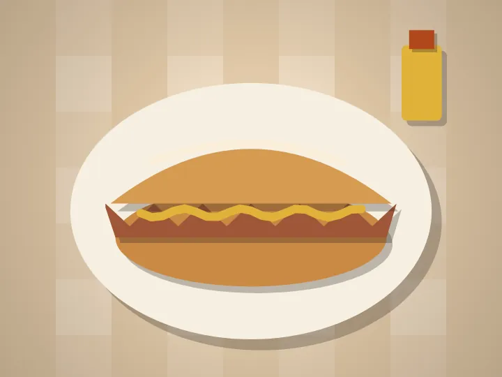 A paper-cut pork sandwich in a soft roll with a stripe of mustard.