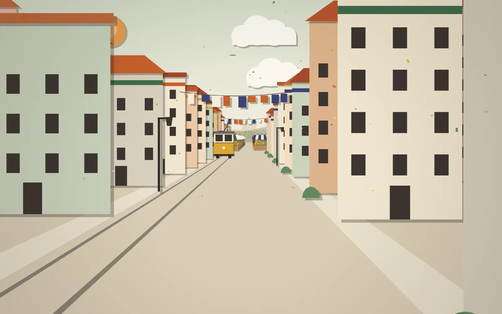 A narrow paper street with tiled façades, laundry lines overhead and a yellow Tram 28 coming down the rails.