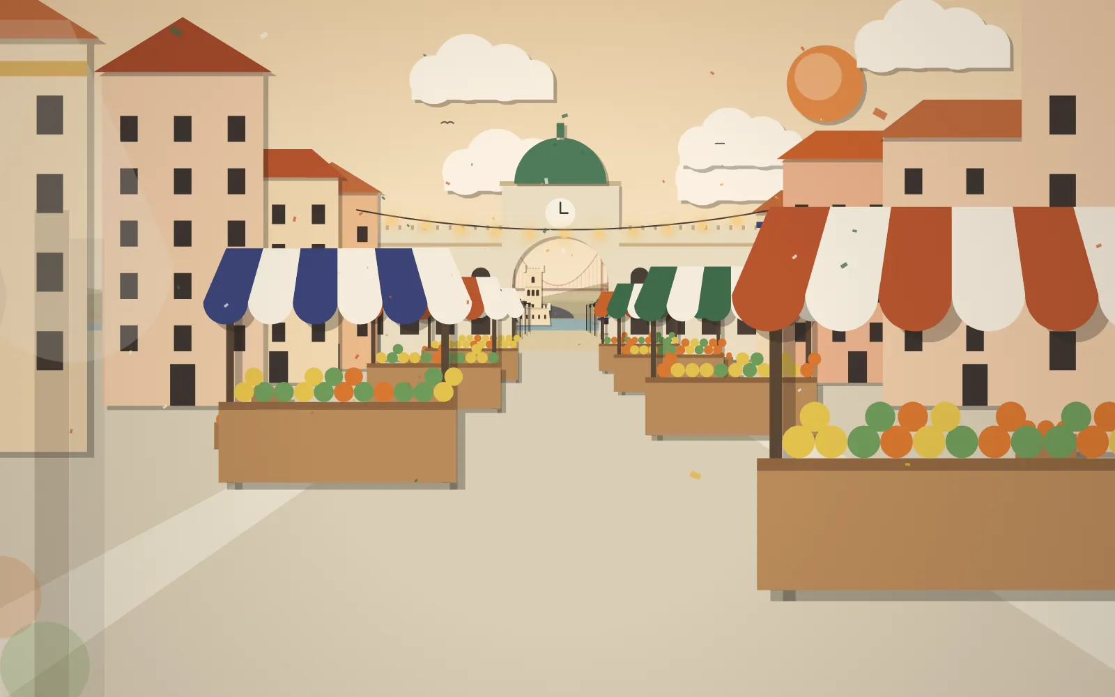 Market stalls under striped awnings piled with oranges, lemons and greens, leading to a market hall with a green dome and a clock above its archway.