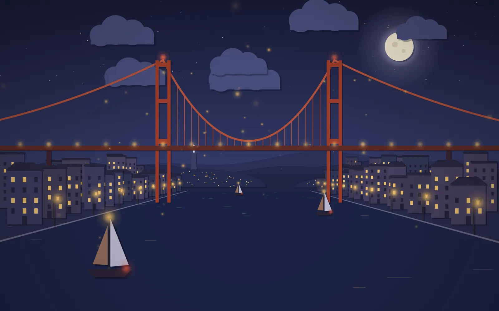 The Tagus at night: the red 25 de Abril Bridge lit along its deck, lamplit houses on both banks, sailboats, and Cristo Rei on the far hill under the moon.