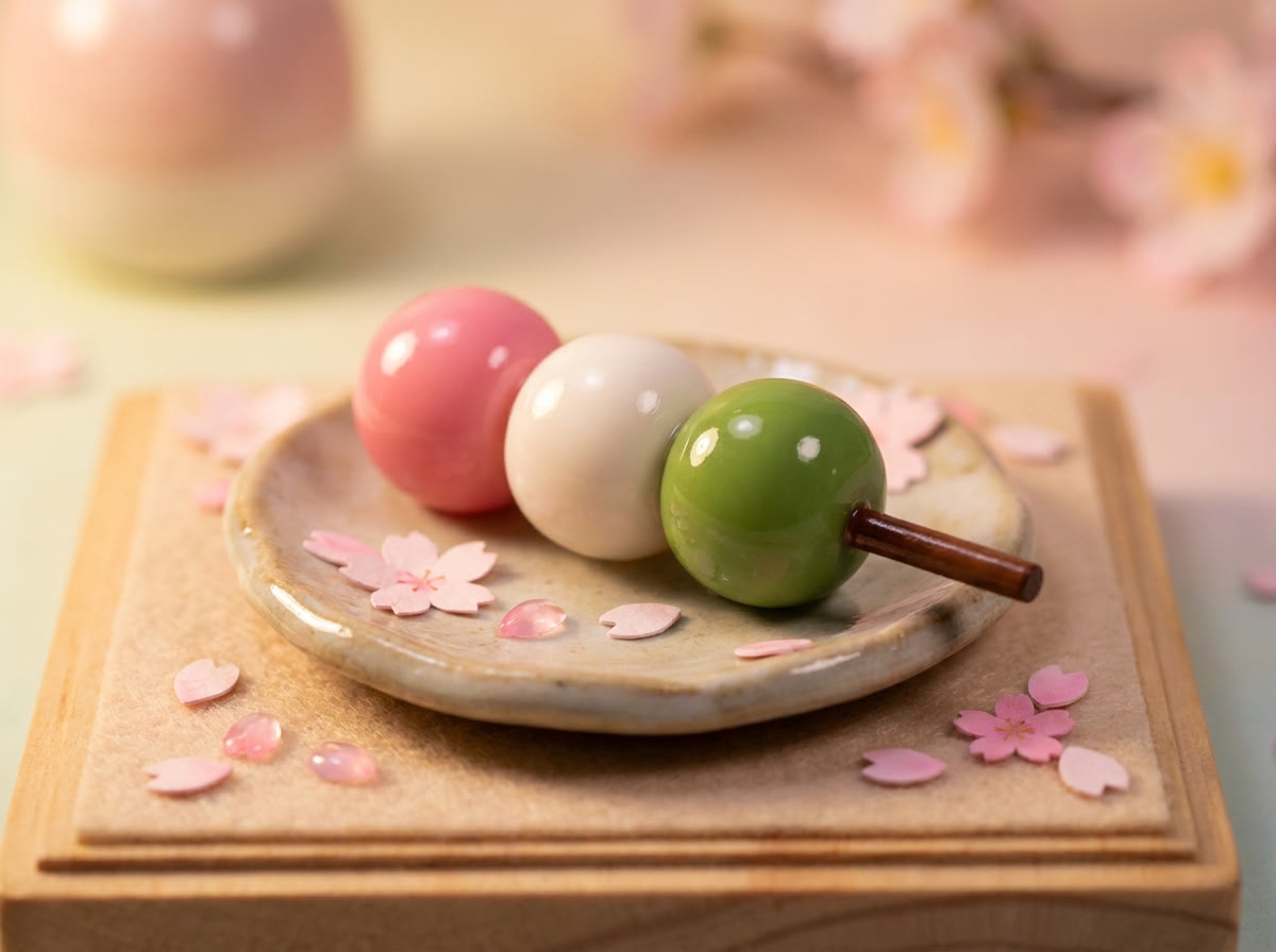 A miniature vinyl-toy dango skewer in pink, white and green