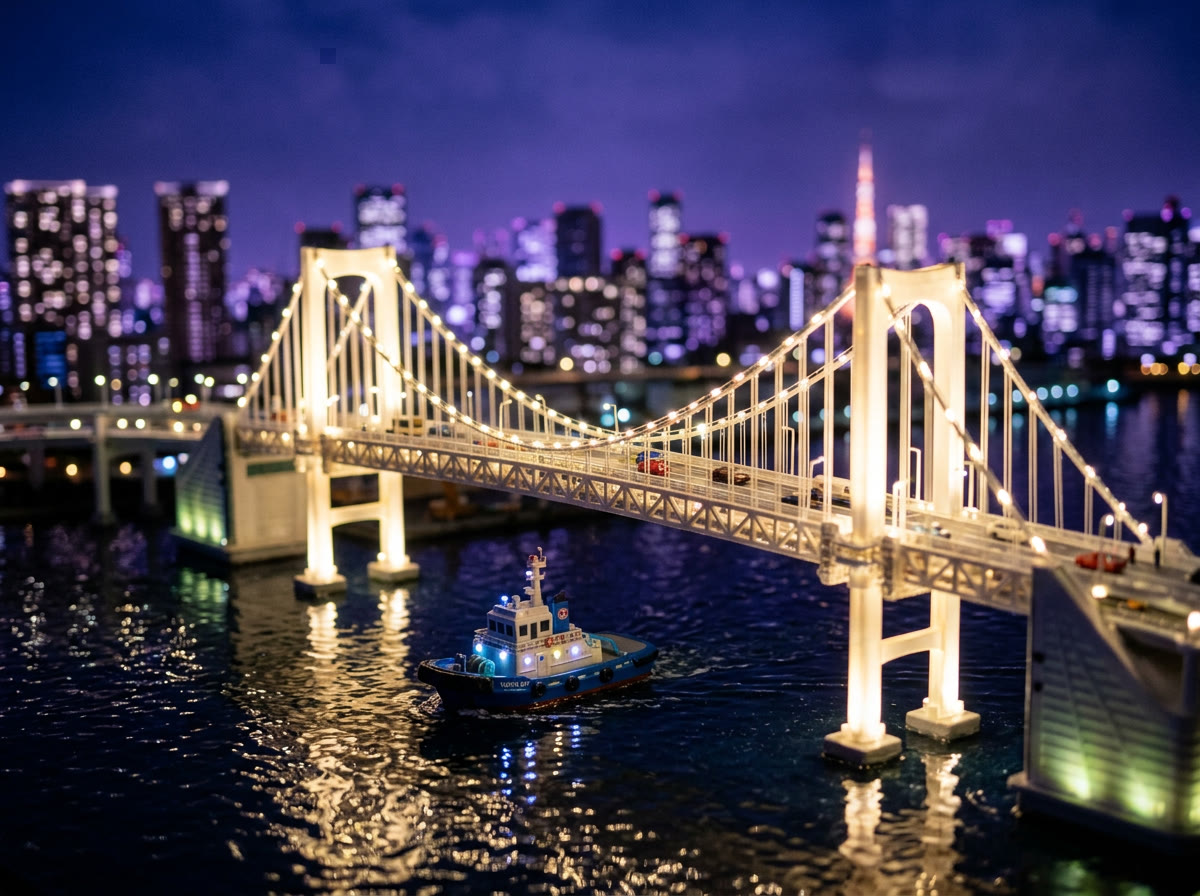 Miniature Rainbow Bridge over Tokyo Bay at night