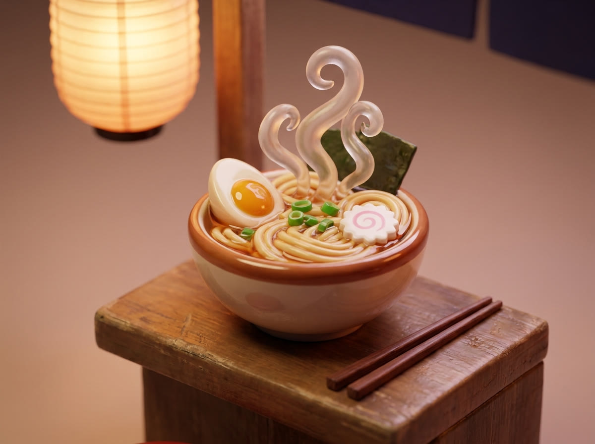 A miniature vinyl-toy bowl of ramen with egg and narutomaki