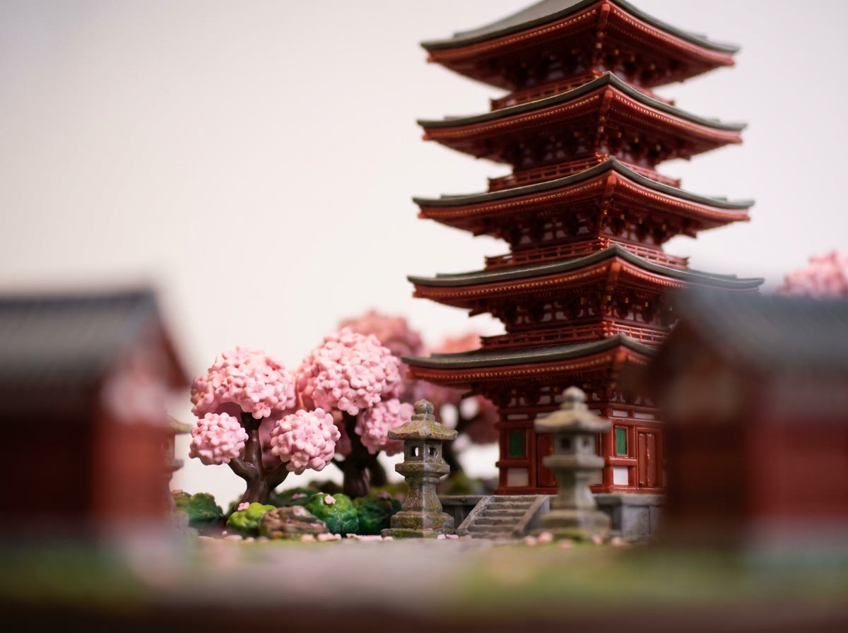 Miniature Senso-ji pagoda with cherry blossoms