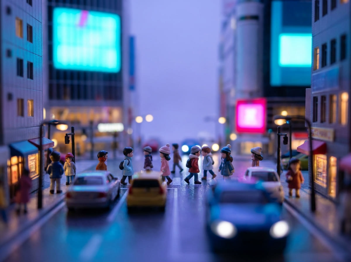 Miniature Shibuya crossing at dusk