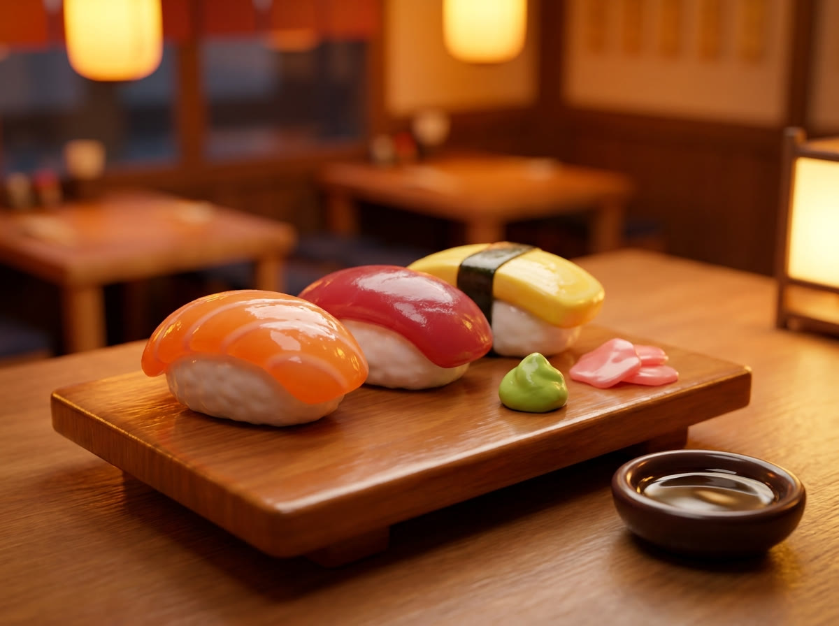 A miniature vinyl-toy sushi platter on a wooden board