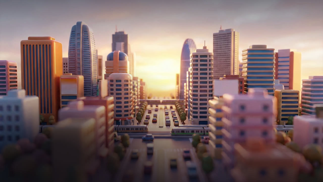 Miniature Shinjuku skyline at dawn, tiny glossy towers glowing gold
