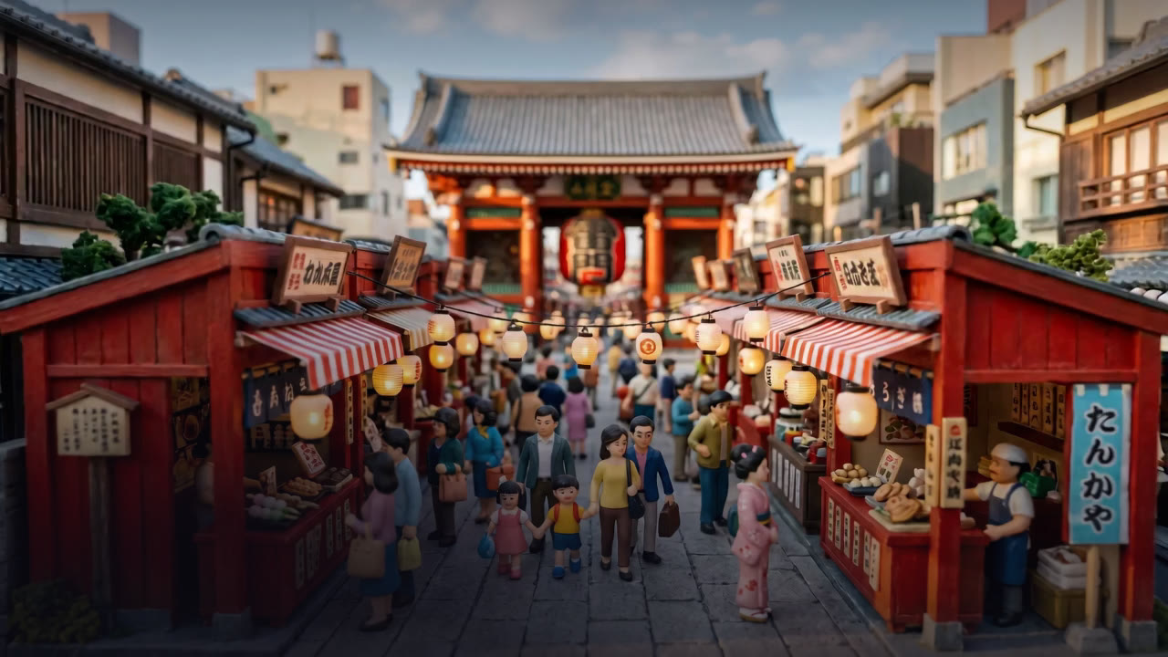 Miniature Nakamise market street with red stalls and lanterns