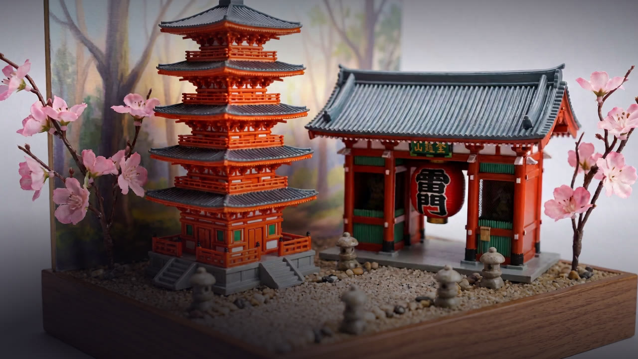 Miniature Senso-ji pagoda with cherry blossoms