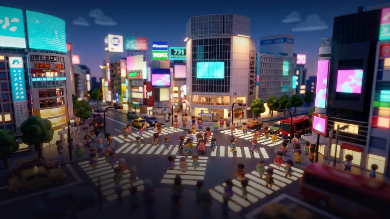 Miniature Shibuya scramble crossing at dusk with glowing billboards