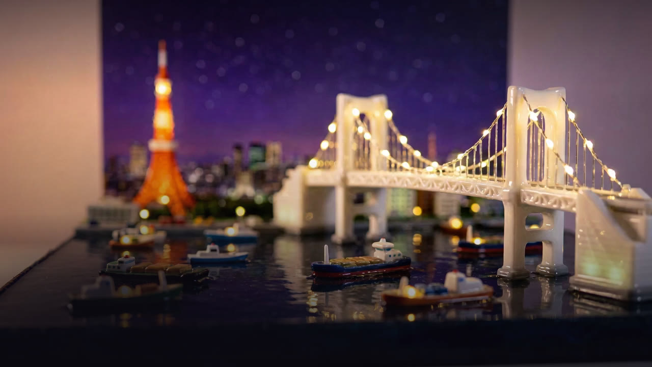 Miniature Tokyo Bay at night with a glowing Rainbow Bridge