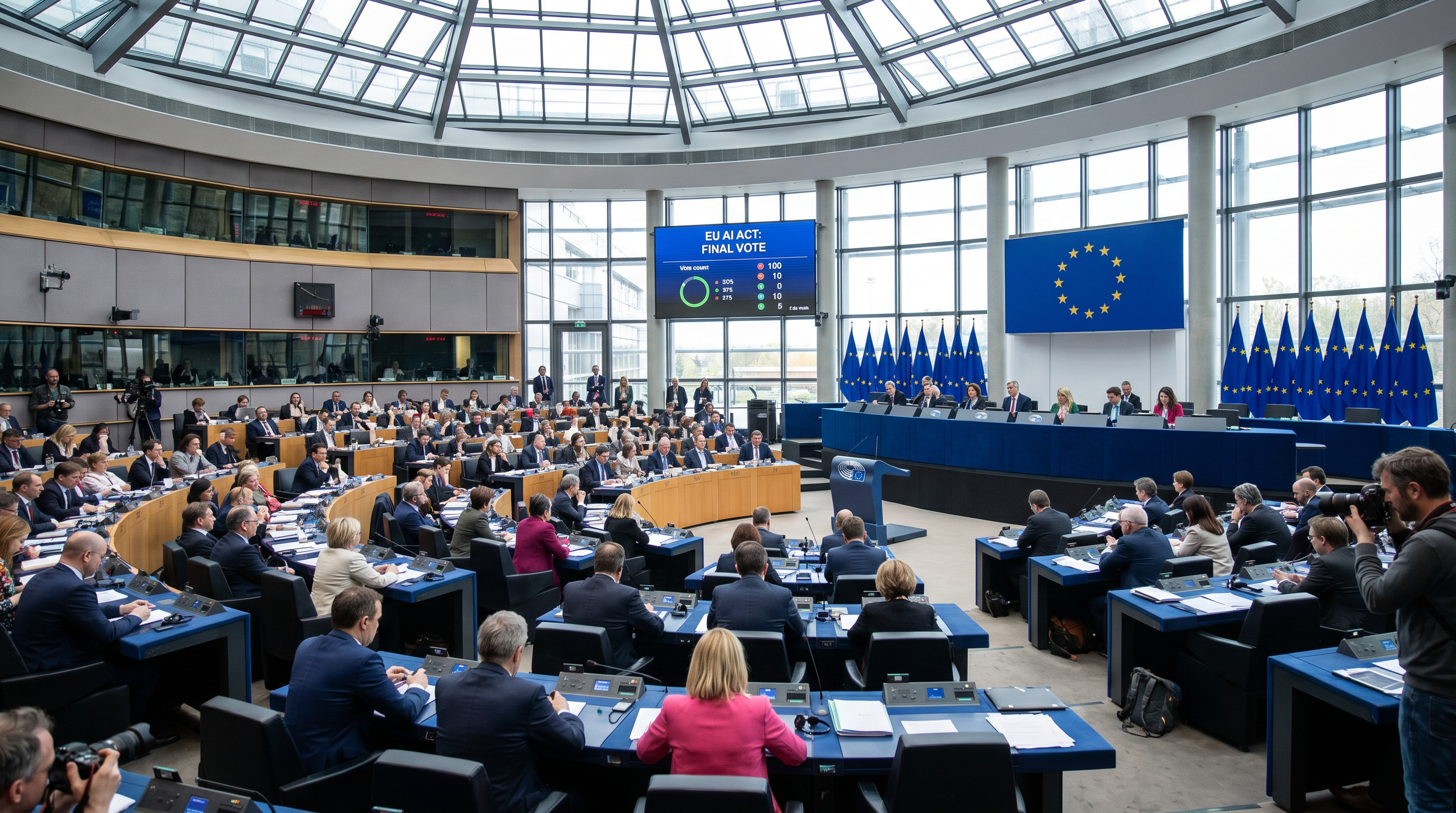 The European Parliament in Strasbourg during the final vote on the AI Act. The legislation passed with broad cross-party support, reflecting a consensus that AI regulation is necessary despite disagreements about the specific provisions.